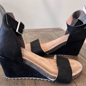 DIBA True Black Suede Wedge Sandals with Ankle Buckle